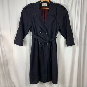Vintage Lisa Fashion Wool Trench Coat 1980's Sz 12 Navy Blue Purple Lining Belt